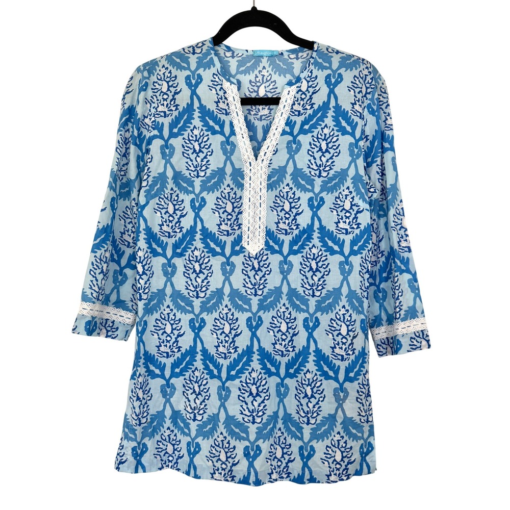 J.McLaughlin Women Blue White Beachy Cotton Tunic Crochet Trim XS Resort